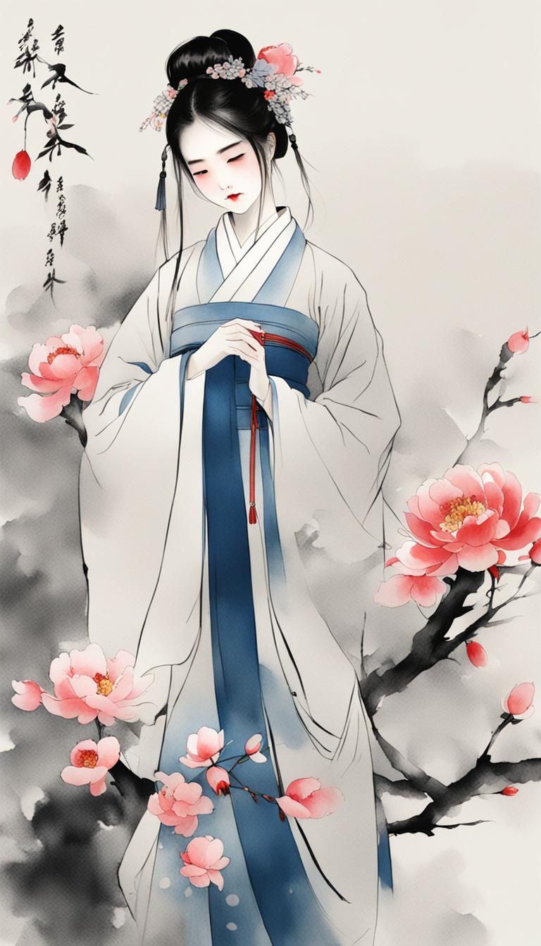 Minimalist Chinese Ink Painting of Girl in Hanfu