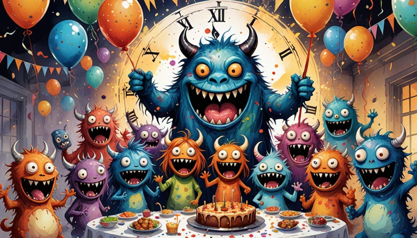 Cute Monsters Celebrate New Year's Party in Watercolor Style