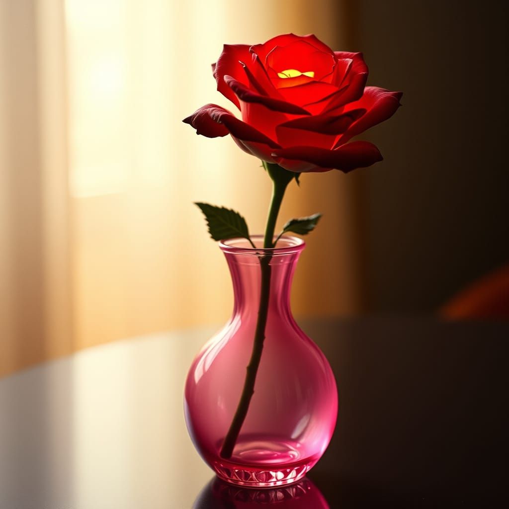 A Crystal Vase Holds a Radiant Red Rose in Cinematic Style