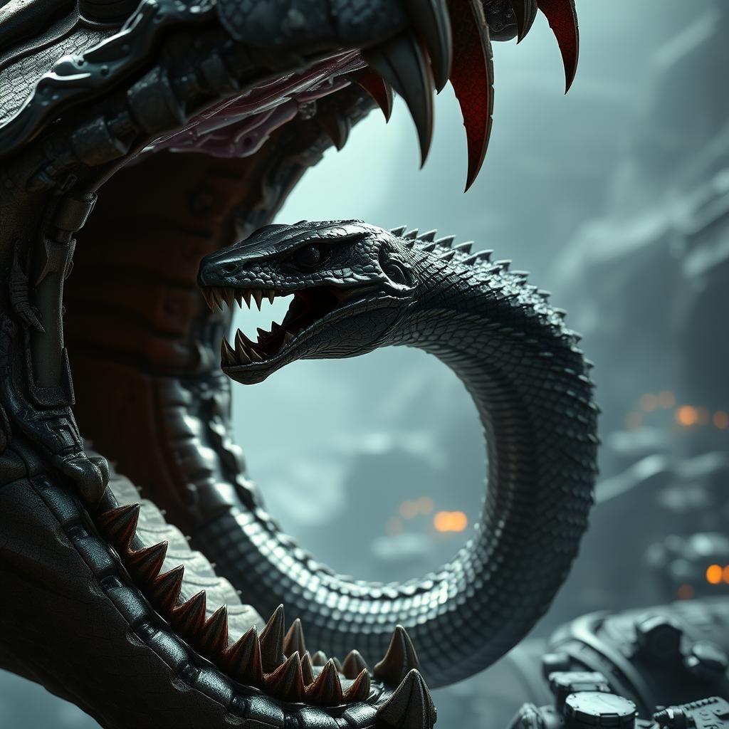 Biomechanical Serpent Emerges in Dystopian Sci-Fi Landscape