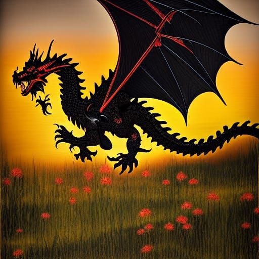 Dragons Playing in Meadow as Baroque Painting