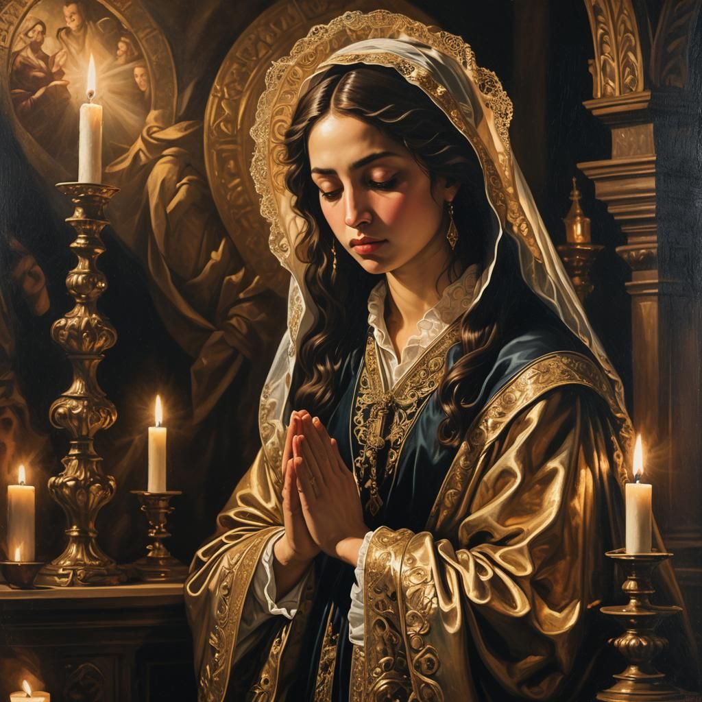 Baroque Latina Virgin Praying in Candlelight