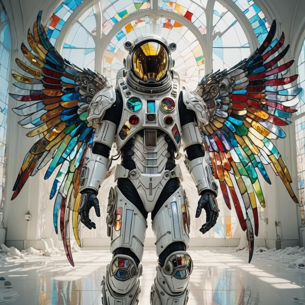 Biomechanical Astronaut with Rainbow Wings in Wasteland