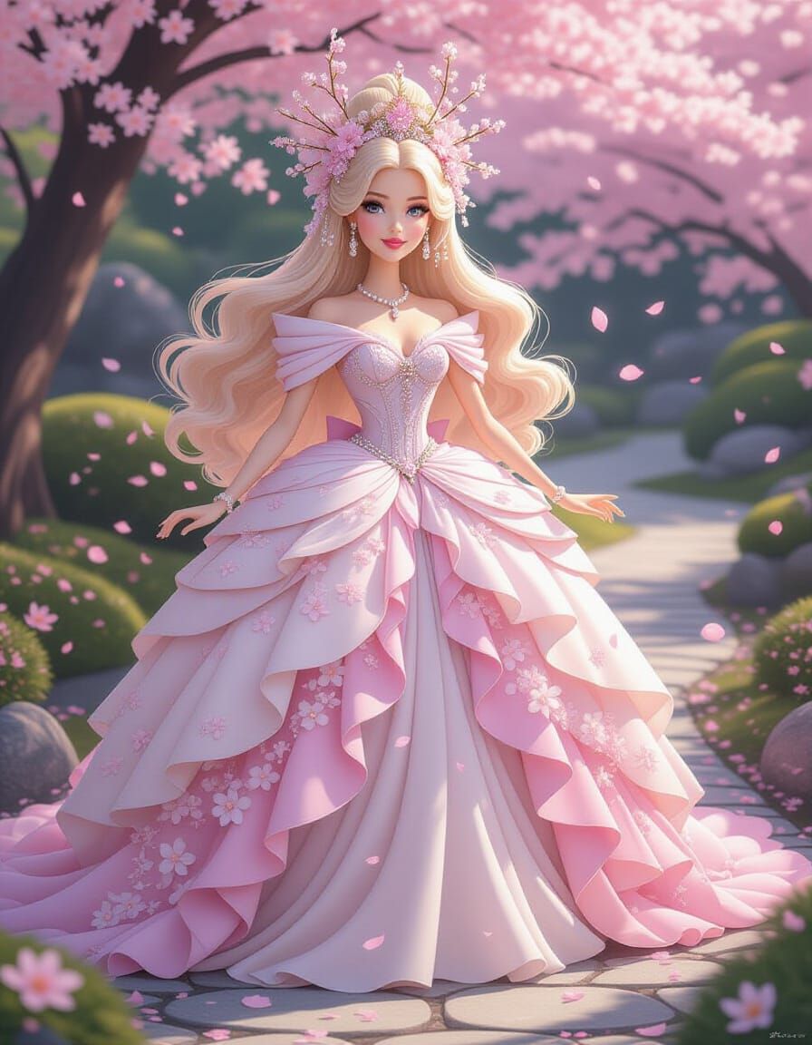 Cherry Blossom Barbie Queen Digital Illustration
