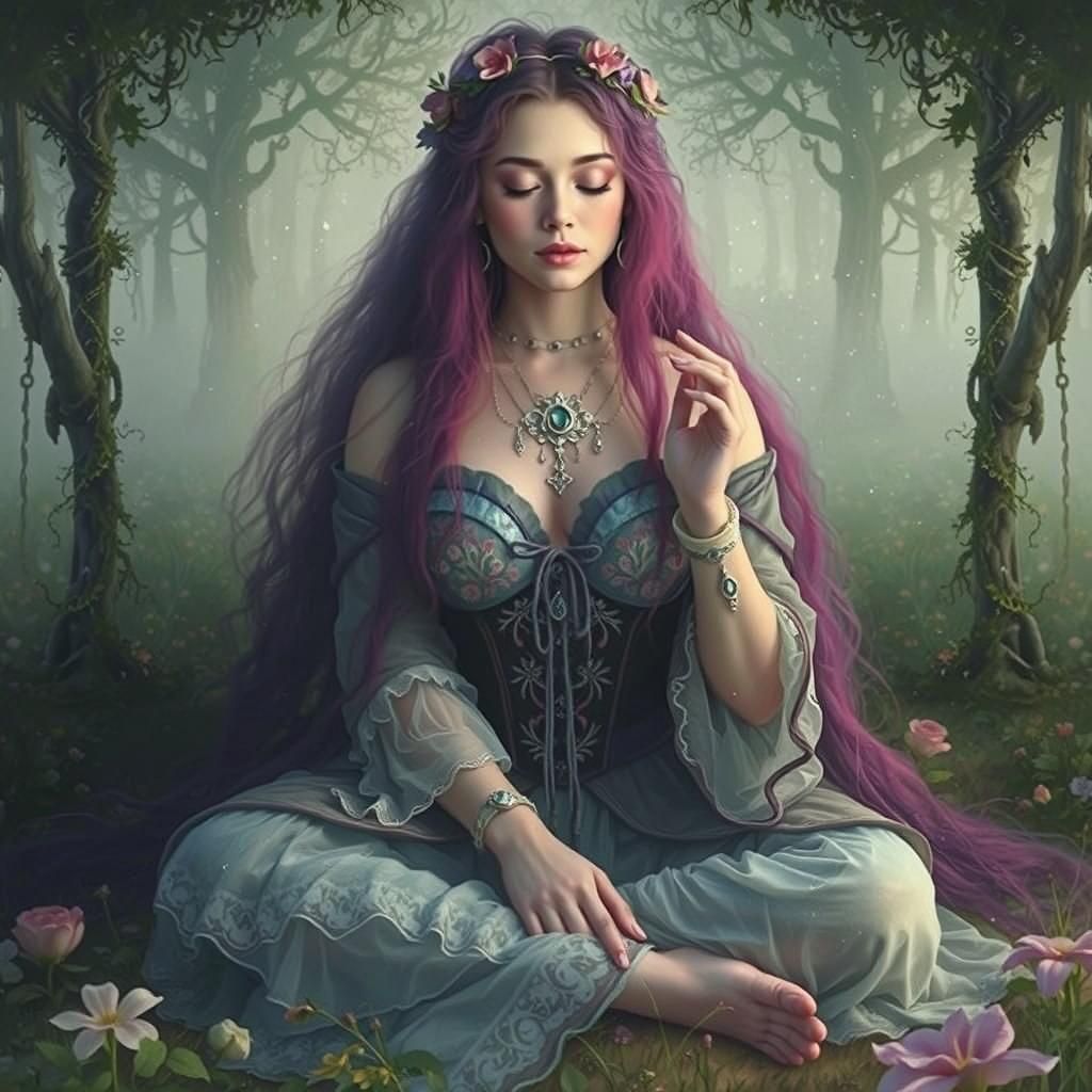 Bohemian Woman Meditating in Mystical Meadow