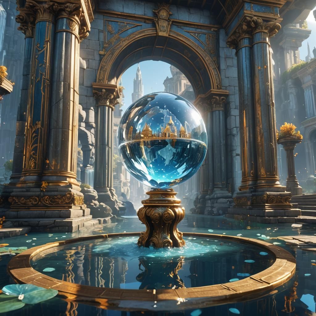 Crystal Fountain Illuminated in a Celestial City