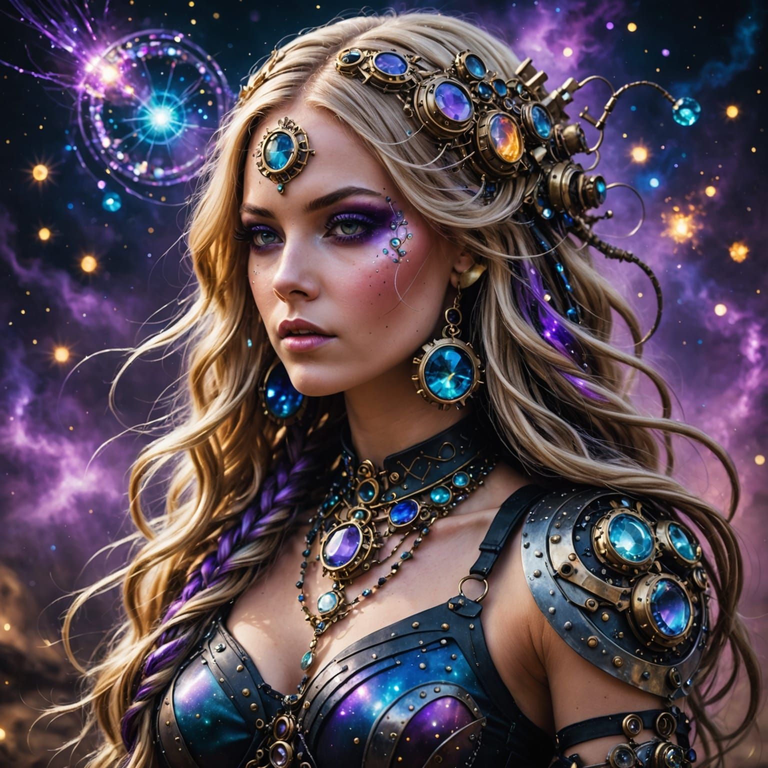 Stunning Steampunk Goddess in a Cosmic Turbulence of Gems an...