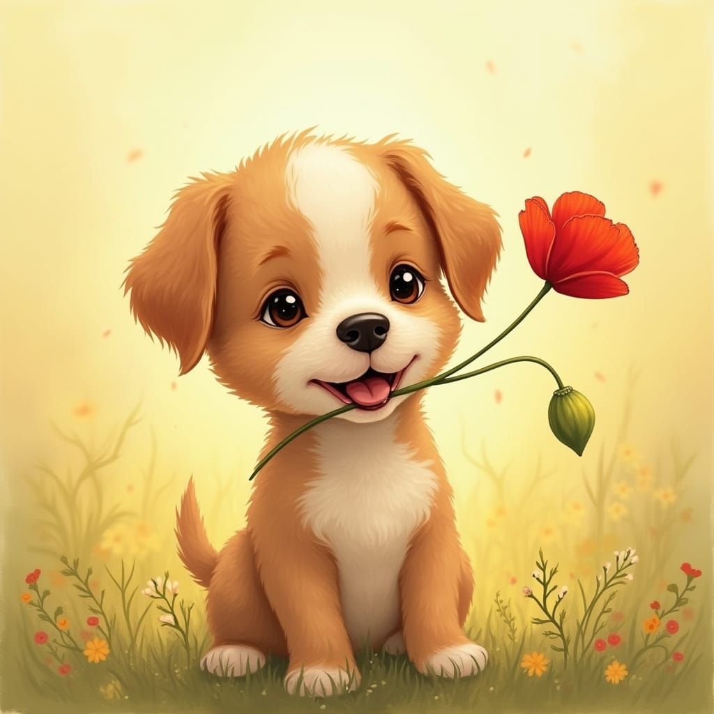Puppy with Poppy in Whimsical Art Style