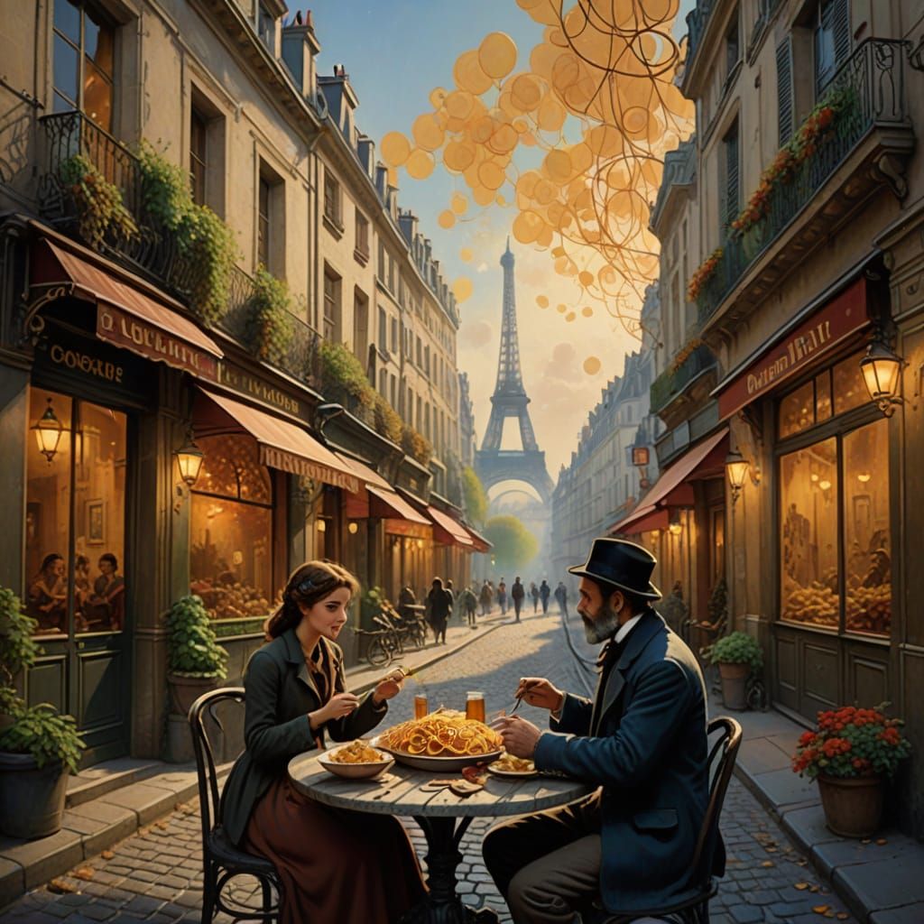 Romantic Parisian Spaghetti Serenade in Whimsical Fantasy