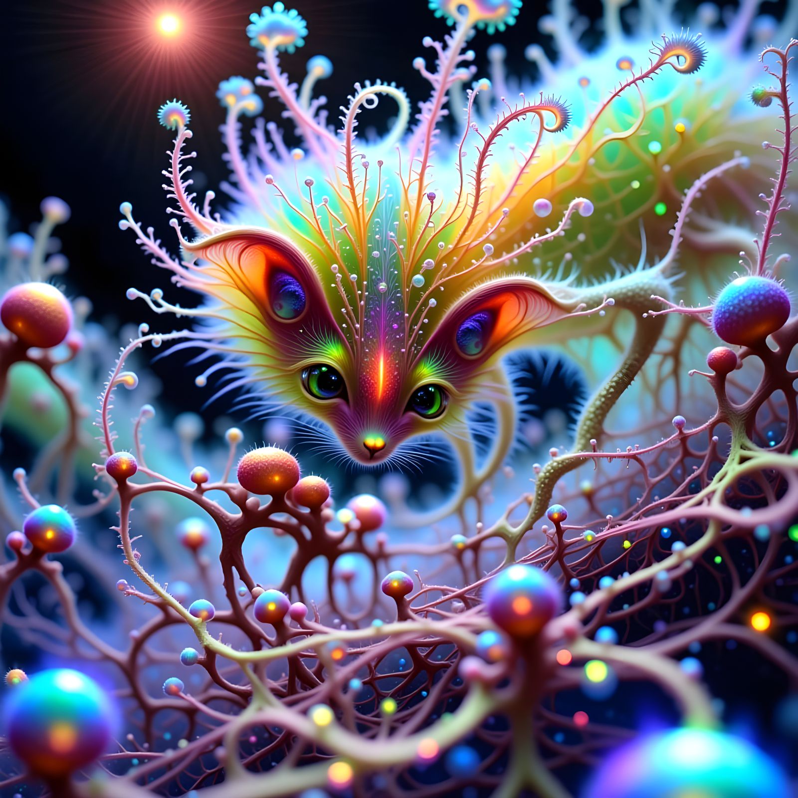 Cat Hunting Mouse in Intricate Opalescent Microscopic World