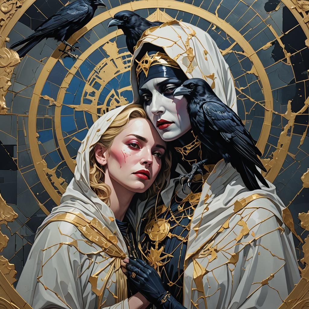 Kintsugi Crow and Madonna in Dieselpunk Comic Style