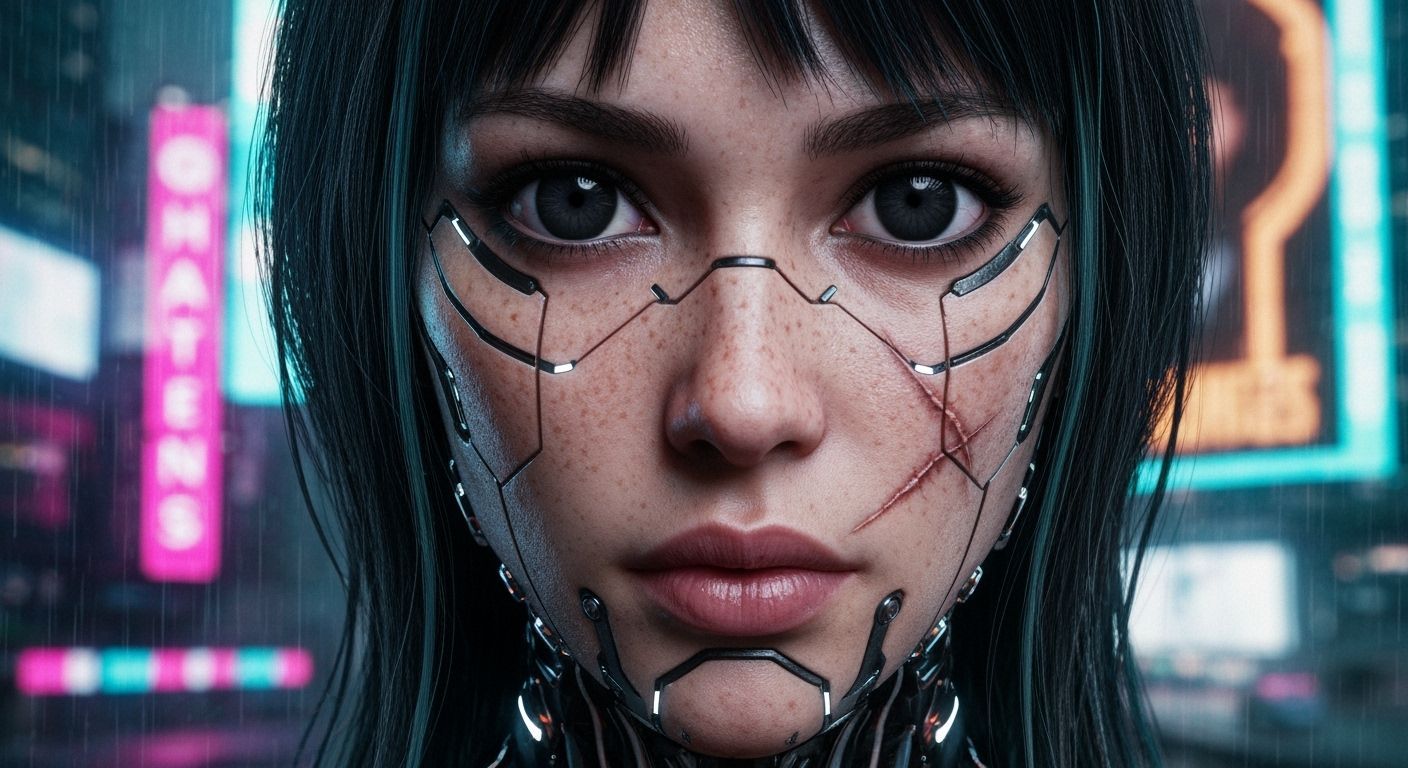 Cyberpunk Woman Portrait With Glossy Black Eyes