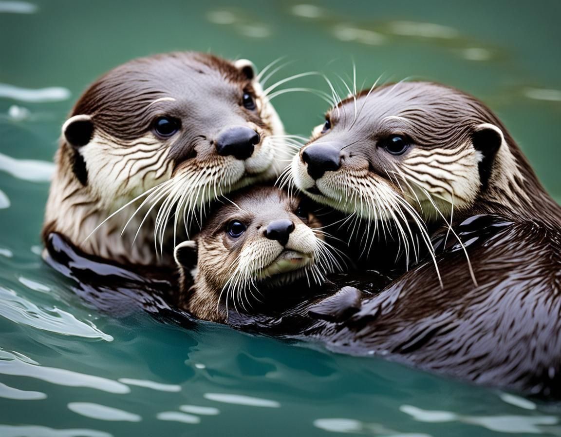 Adorable Otter Mom and Baby Swimming