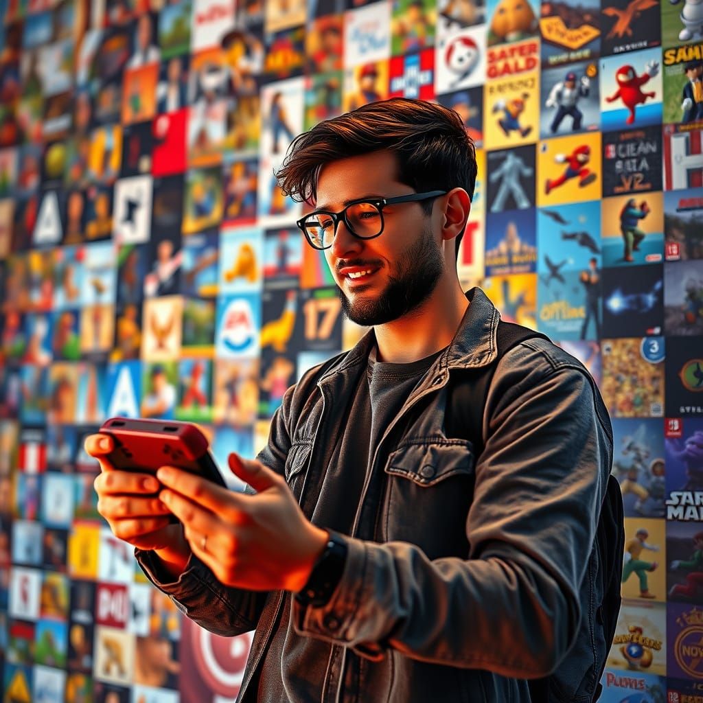 Nintendo Switch Gamer Against a Video Game Mural