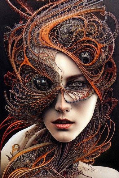 Biomechanical Woman with Fractal Wiring and Expressive Eyes