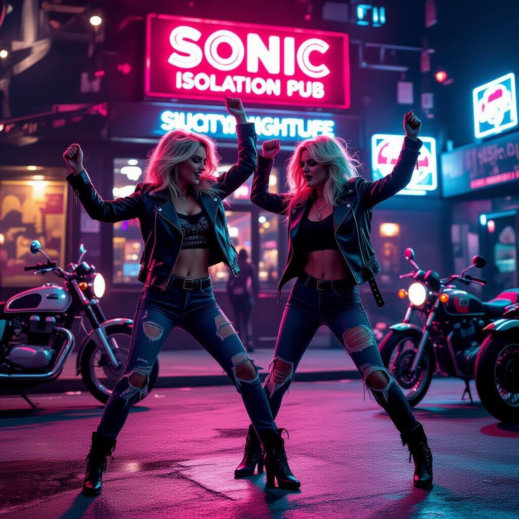 Rock Chicks Dancing at Neon Lit Pub