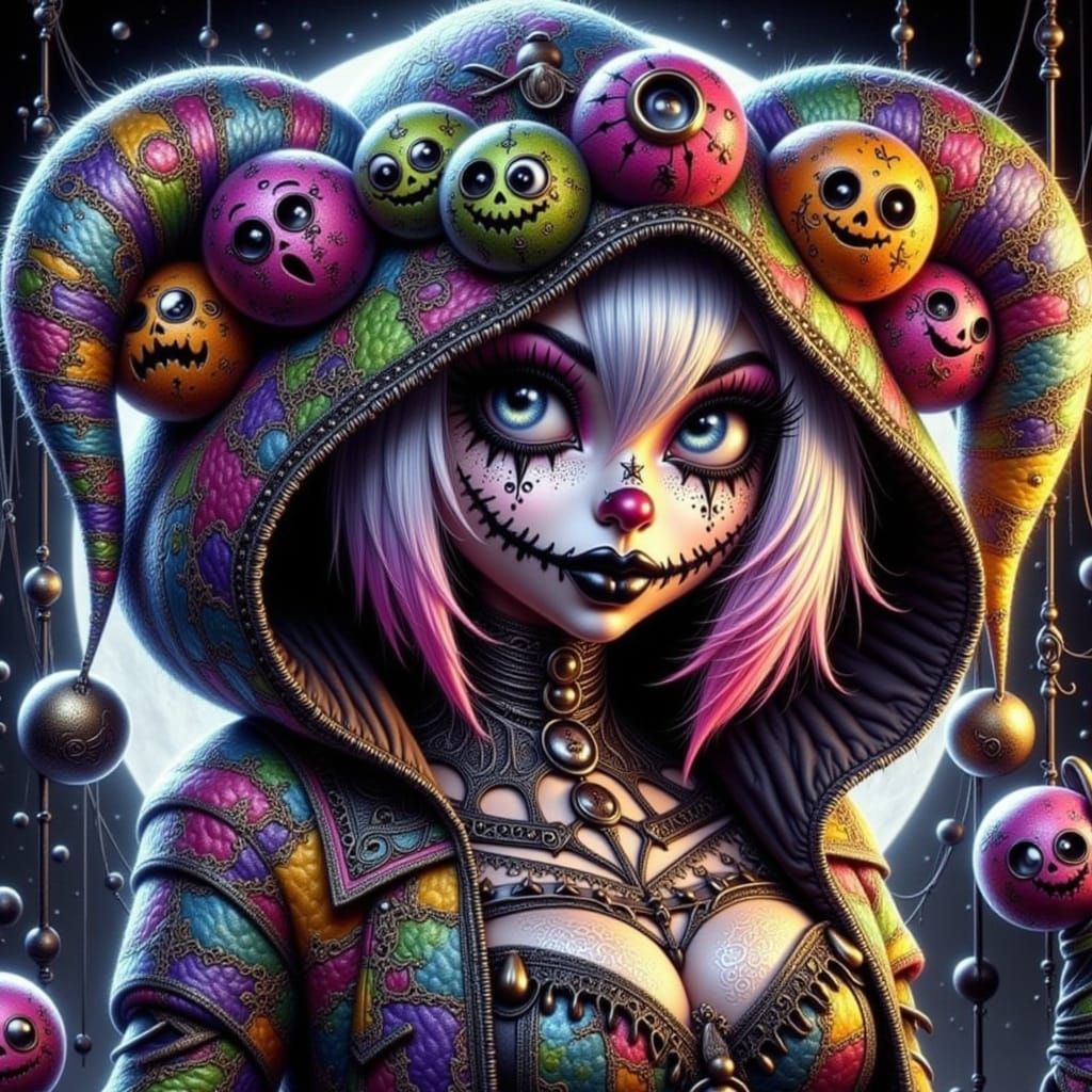 Whimsical Jester Juggling Orbs at Moonlit Carnival
