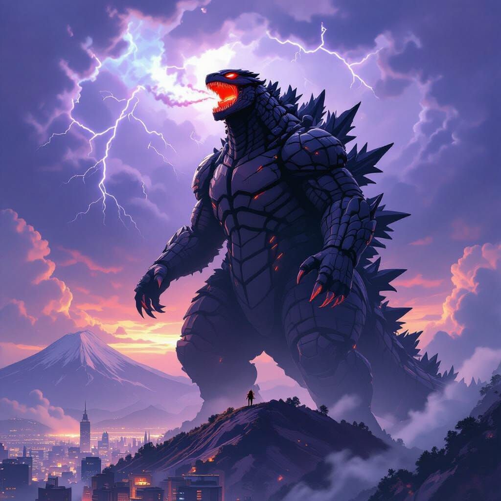 Colossal Kaiju Roars from Stormy Mountaintop City Overlook