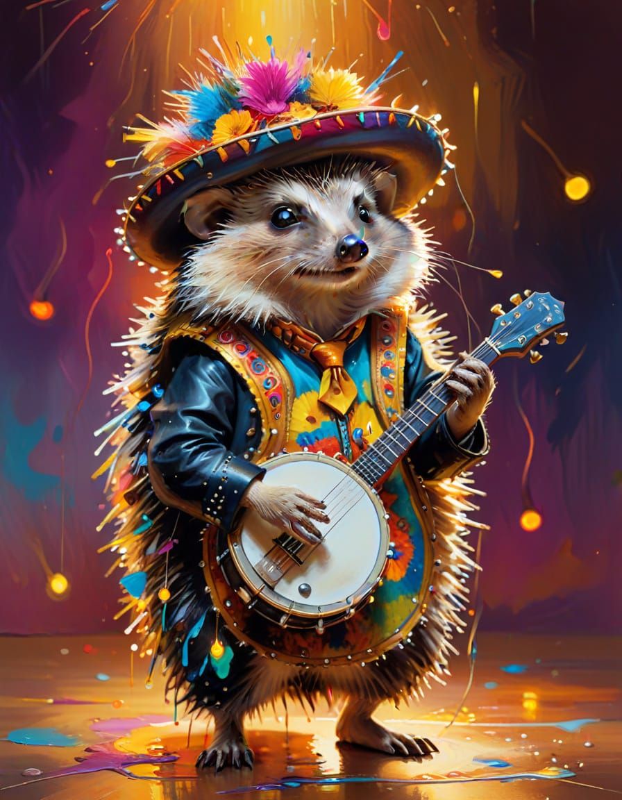 Hedgehog in Sombrero: A Vibrant Oil Painting