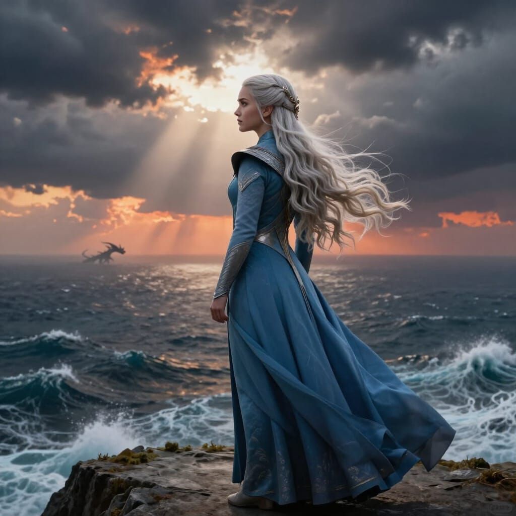 Daenerys Targaryen on Windswept Cliff in 3D Anime Style