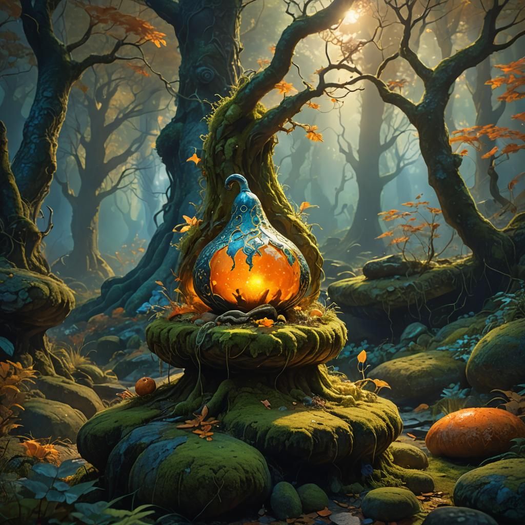 Luminescent Gourd in Mystical Forest: Digital Art