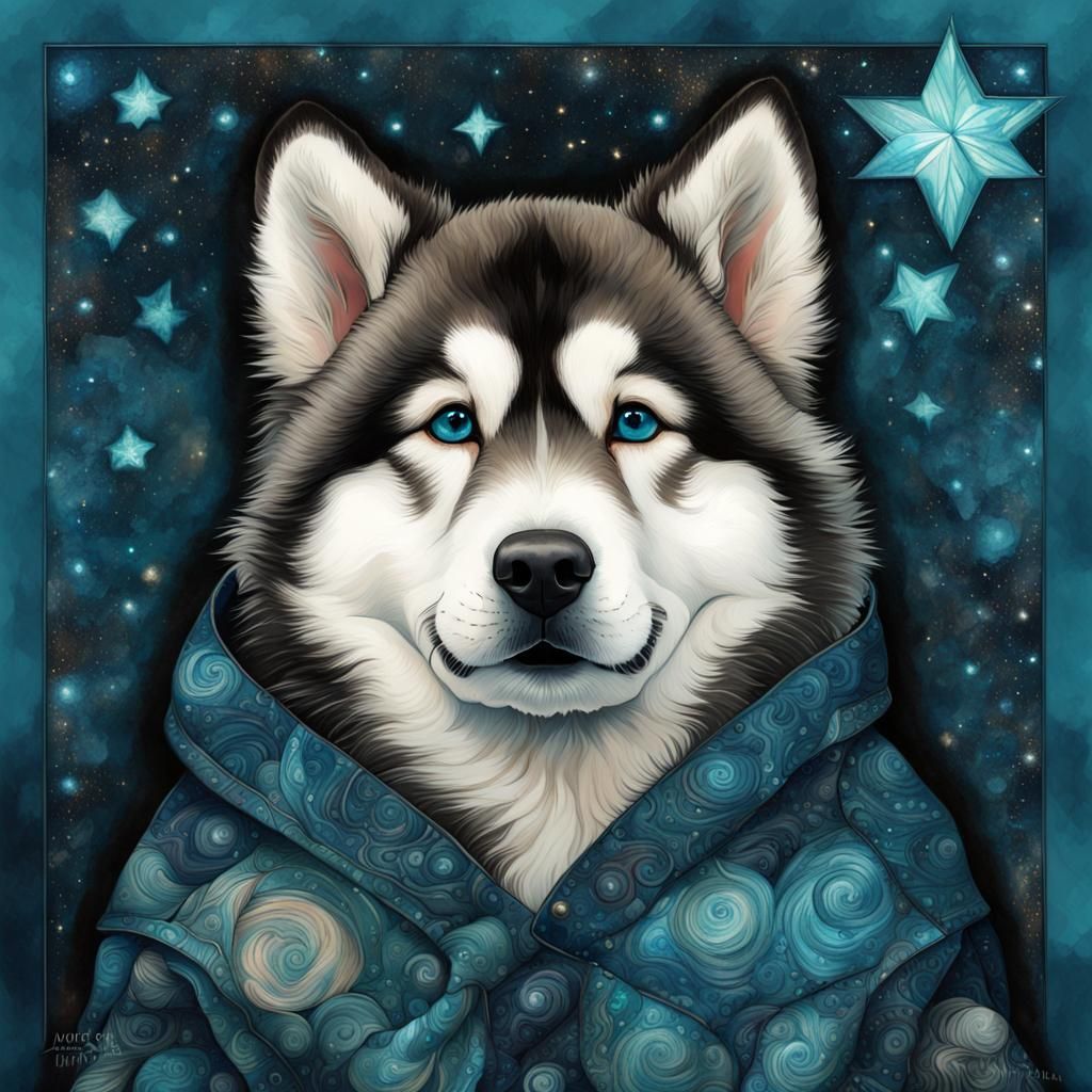 super cute Alaskan Malamute Pup dressed in a dark turquoise wool coat, dark starry night, gorgeous detailed blue eyes, s...