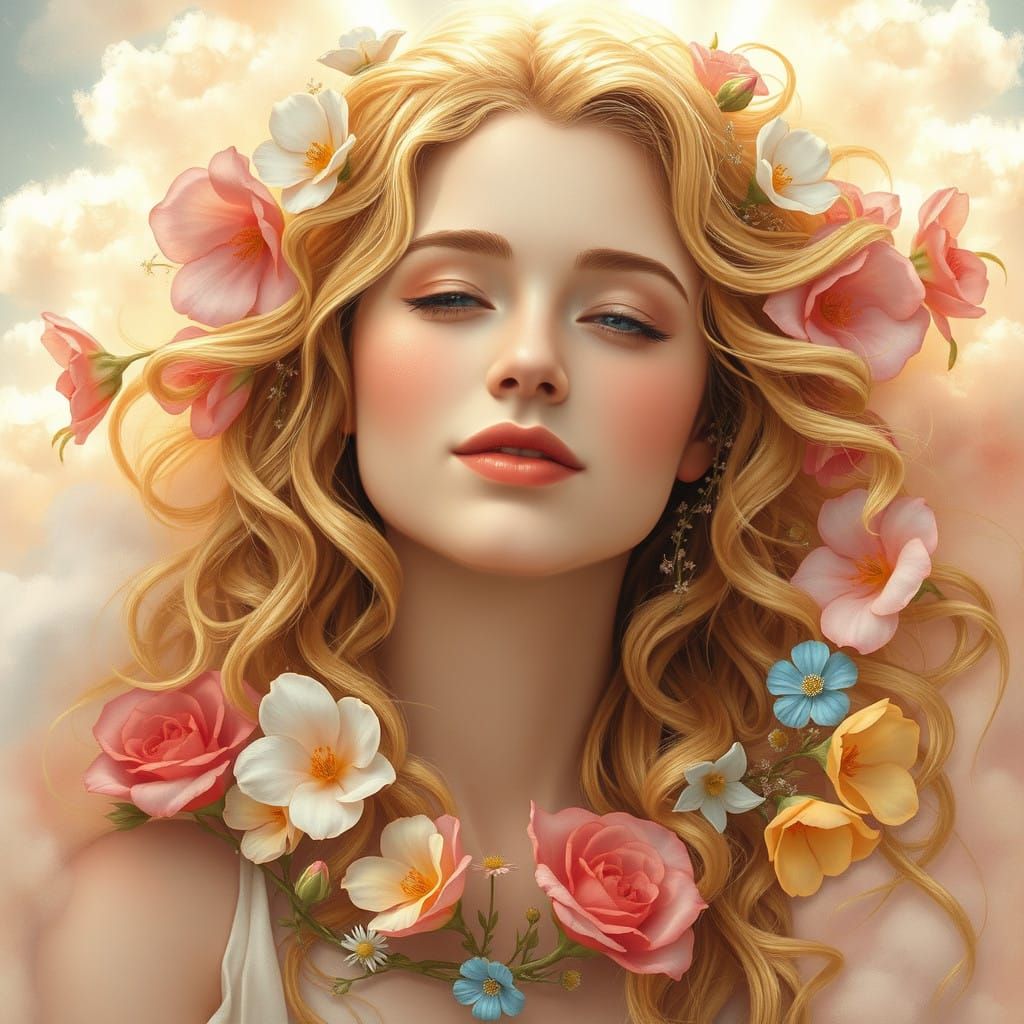 Ethereal Goddess with Heavenly Wreath in Soft Focus