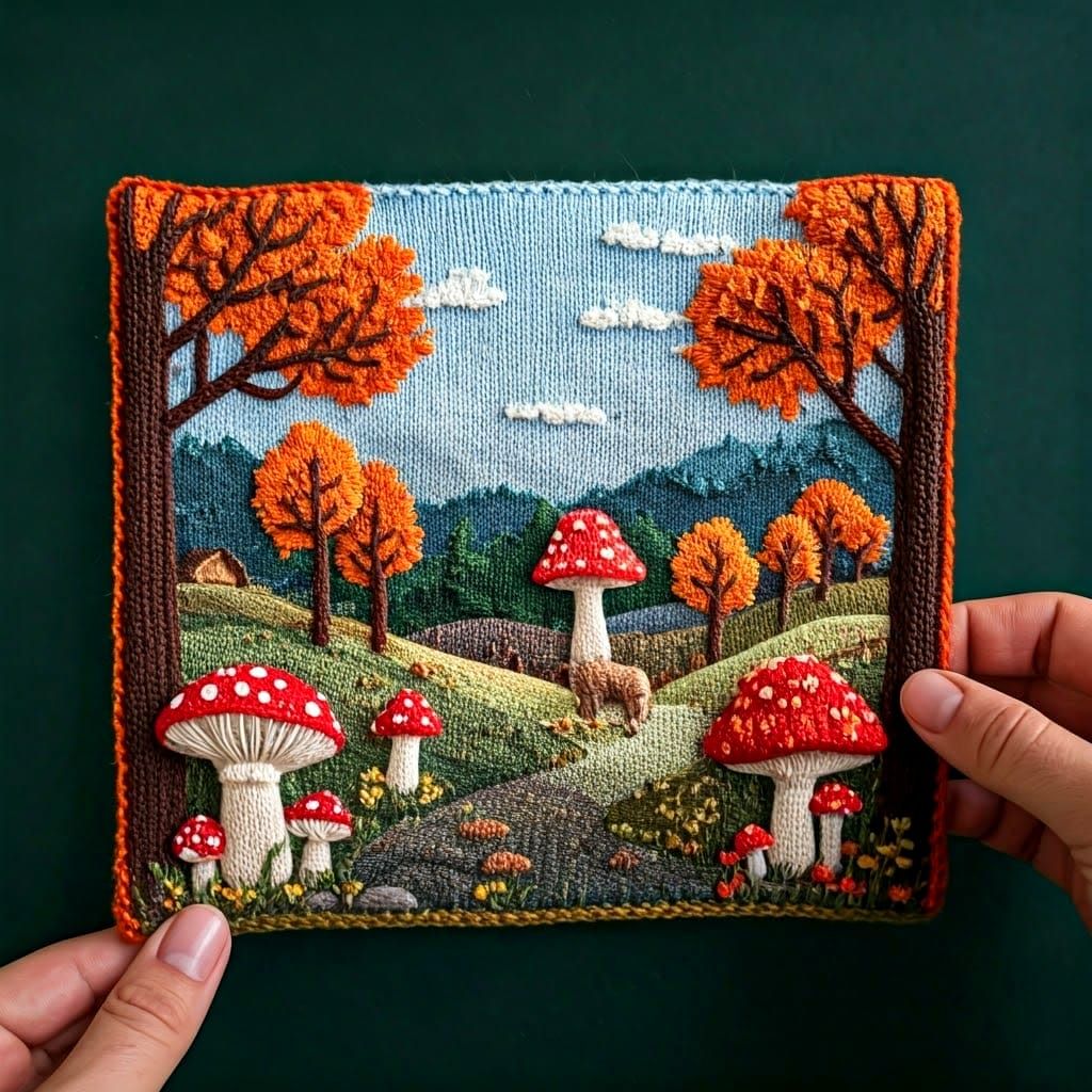 Vibrant Knitted Autumn Wonderland with Mushrooms and Rolling...