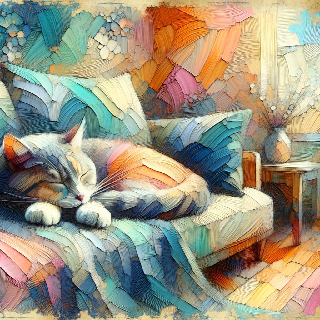 Whimsical Cat Sleeping on Couch as Impasto Painting
