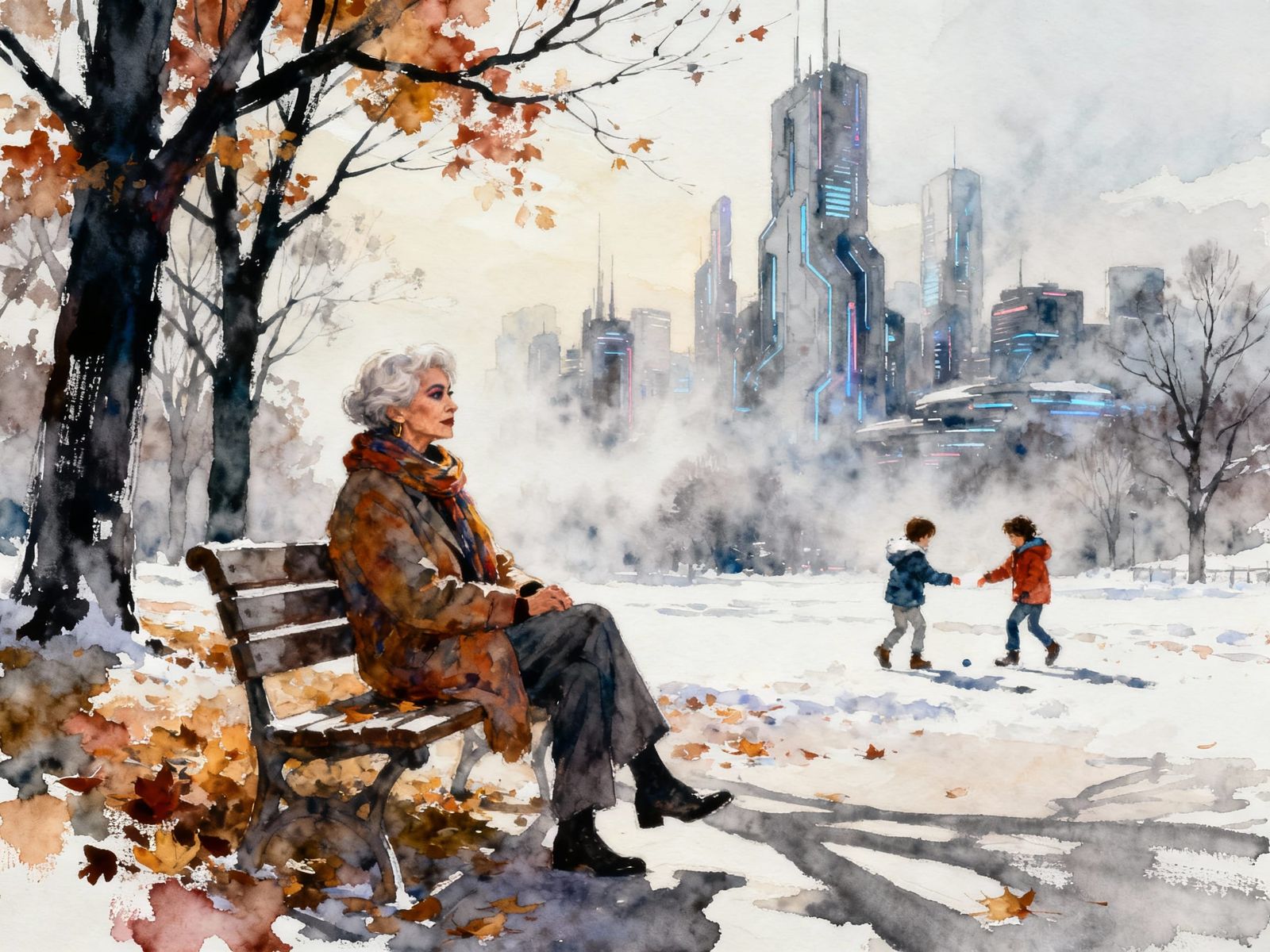 Elderly Transwoman in Autumn Park with Futuristic City