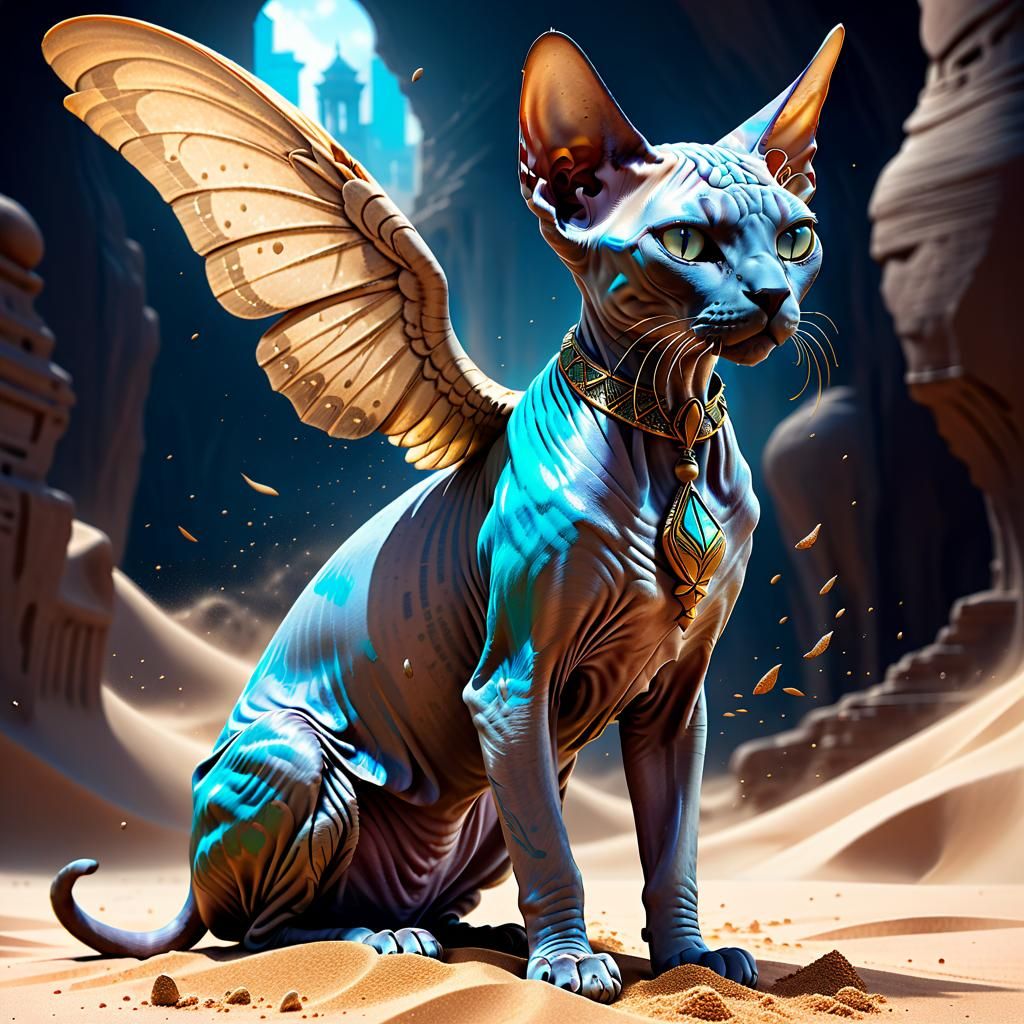 Winged Sphynx Cat in Detailed Matte Painting