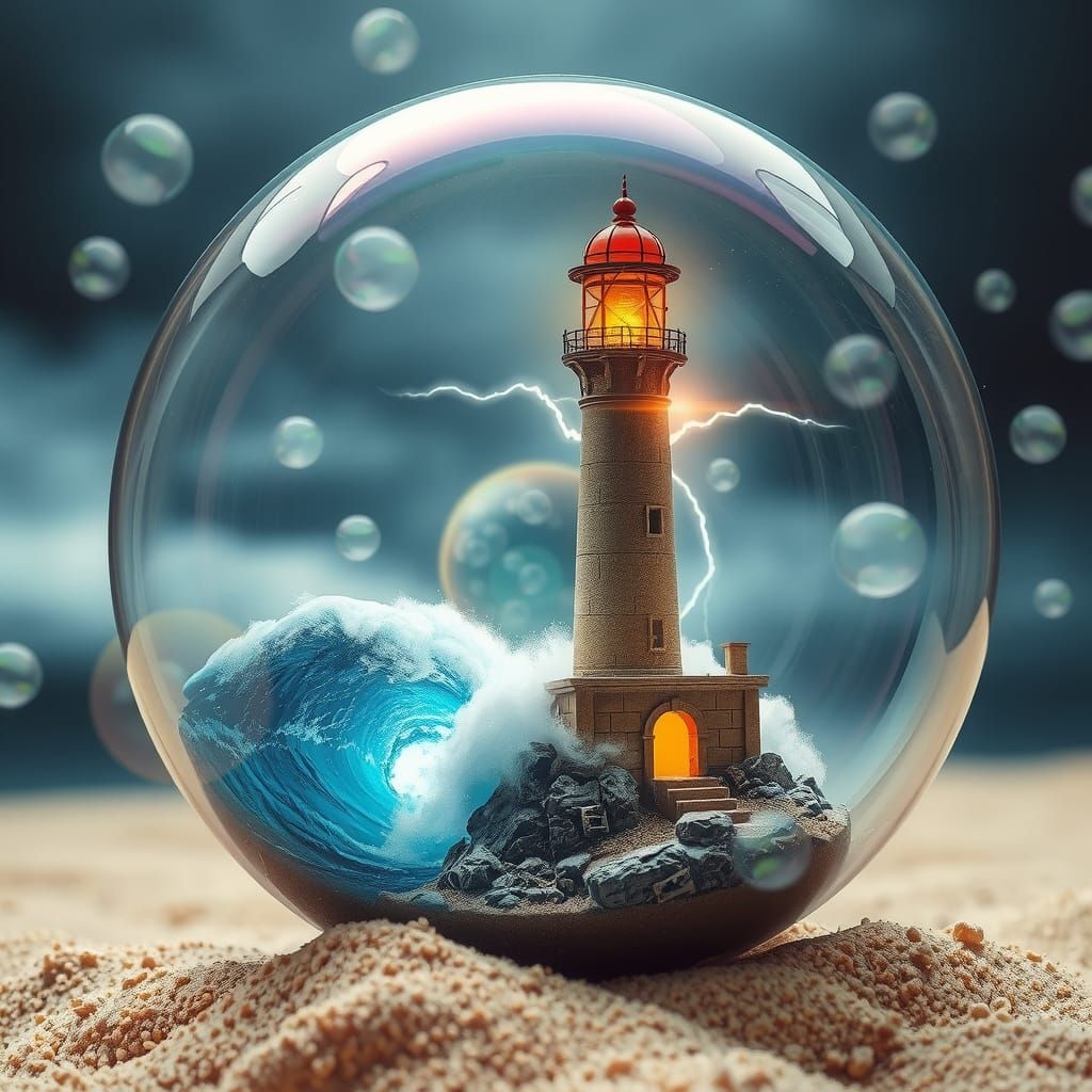Miniature Lighthouse in Soap Bubble with Thunderstorm