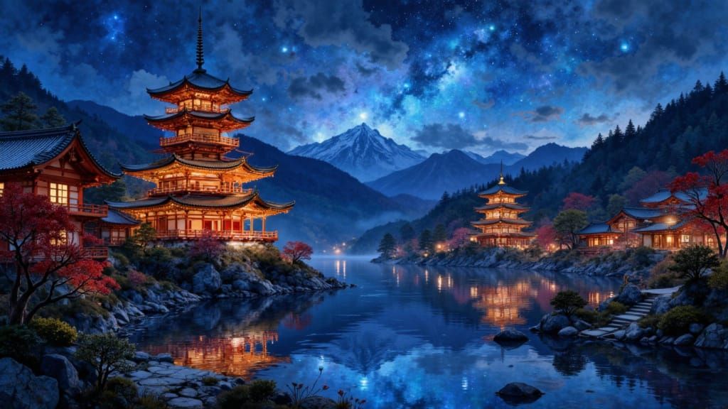 Japanese Pagodas Under a Starry Night Sky