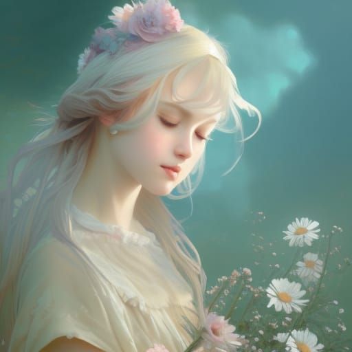 Pastel Portrait with Daisies in Art Nouveau Style