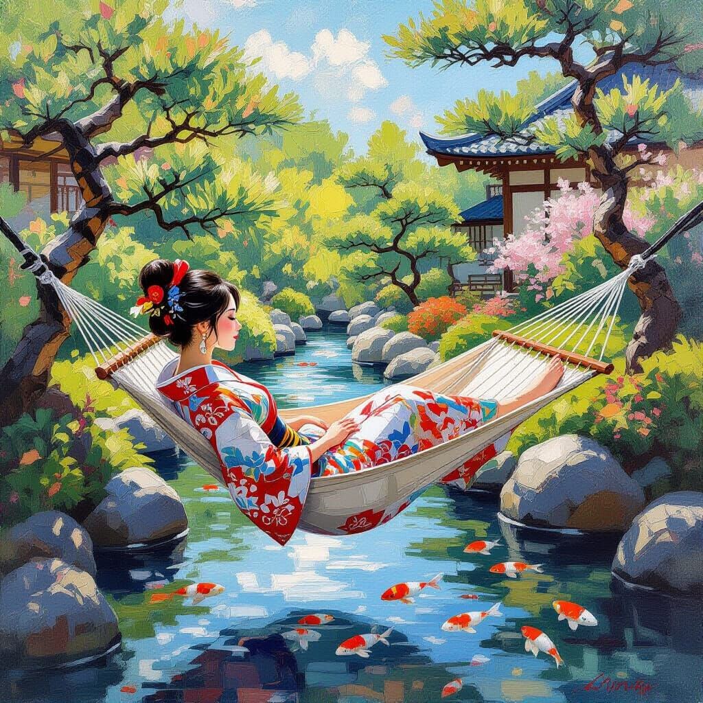 Samurai Woman Relaxing in Japanese Garden - Gouache Style
