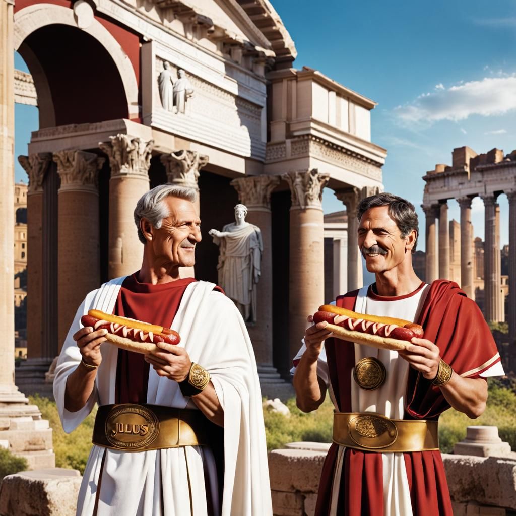 Julius Caesar and Brutus Enjoying Hotdogs