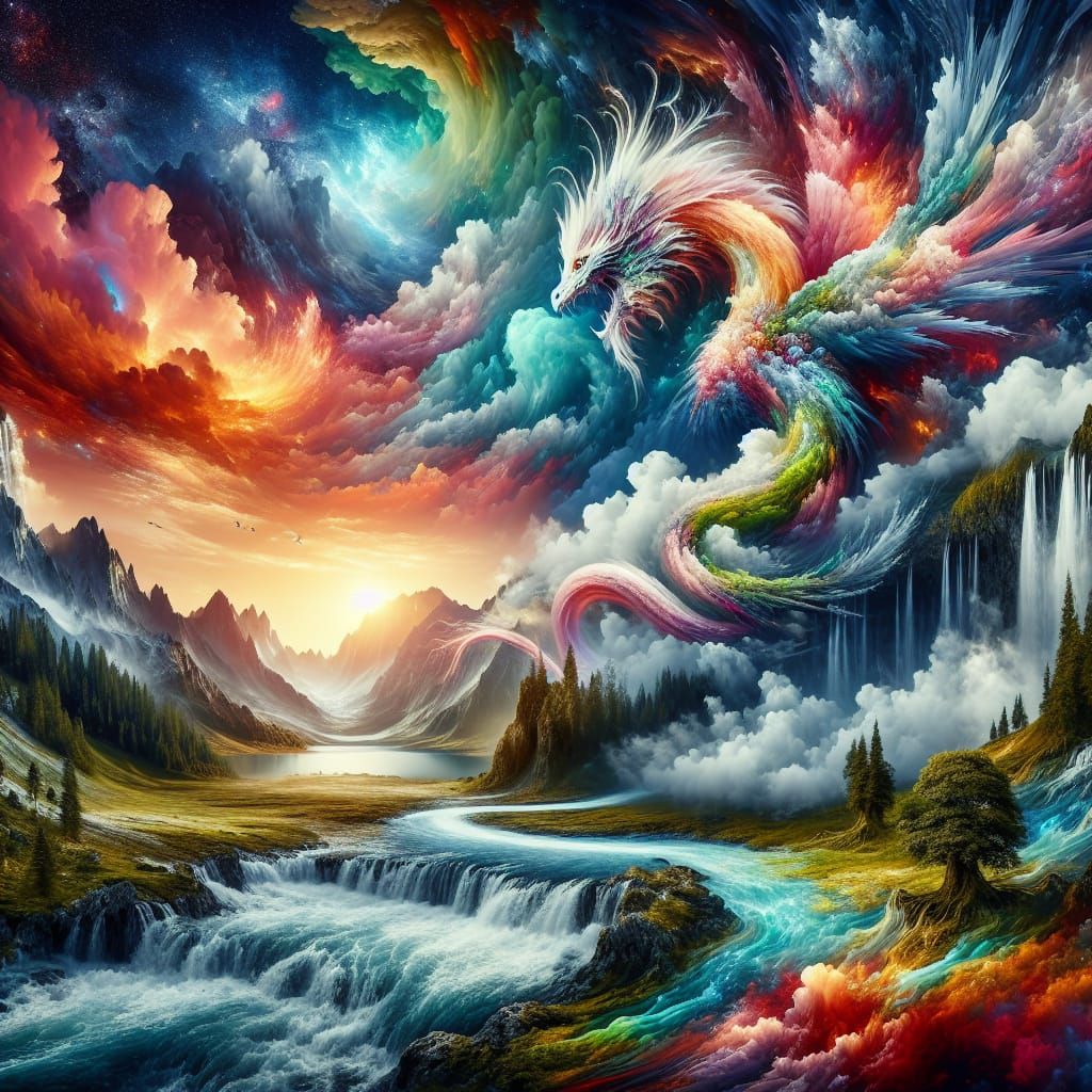 Surreal Fantasy Landscape with Mythical Creature