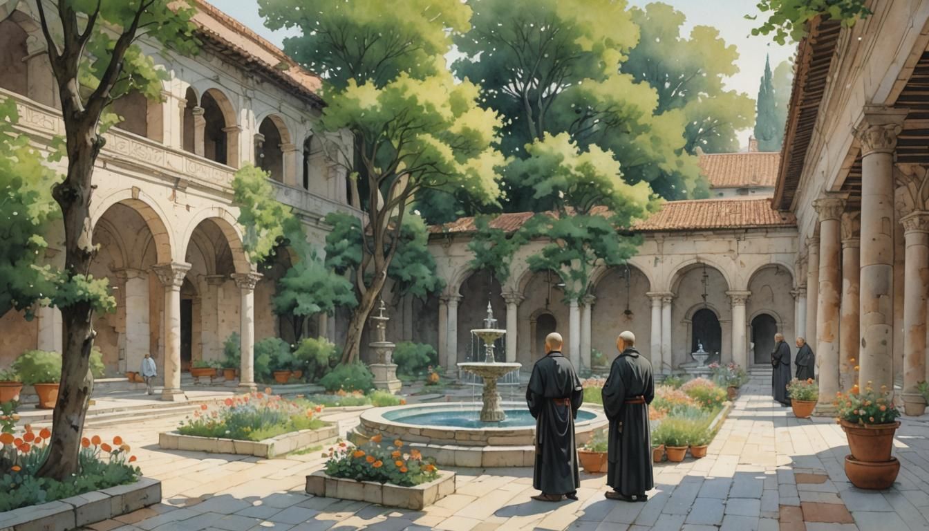 Monastery Courtyard Watercolor: A Monochromatic Moebius Visi...