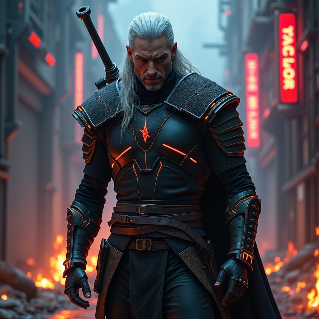 Geralt of Rivia in Cyberpunk Style