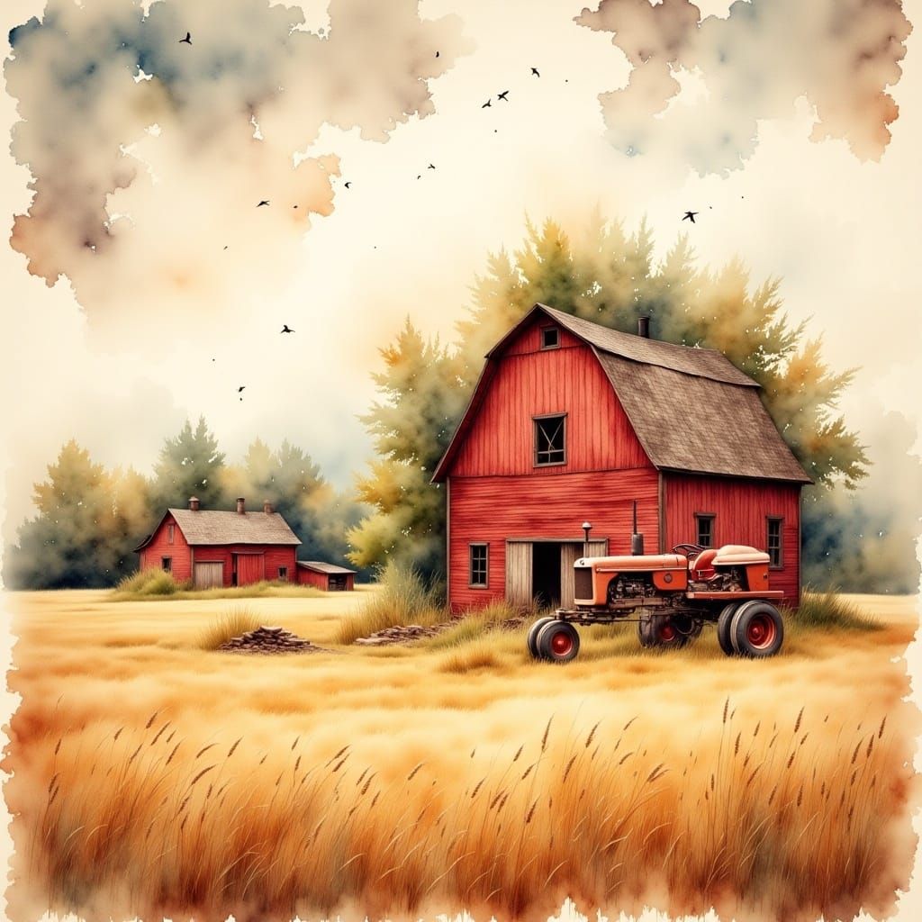 Red Barn and Tractor: Antique Watercolor Painting