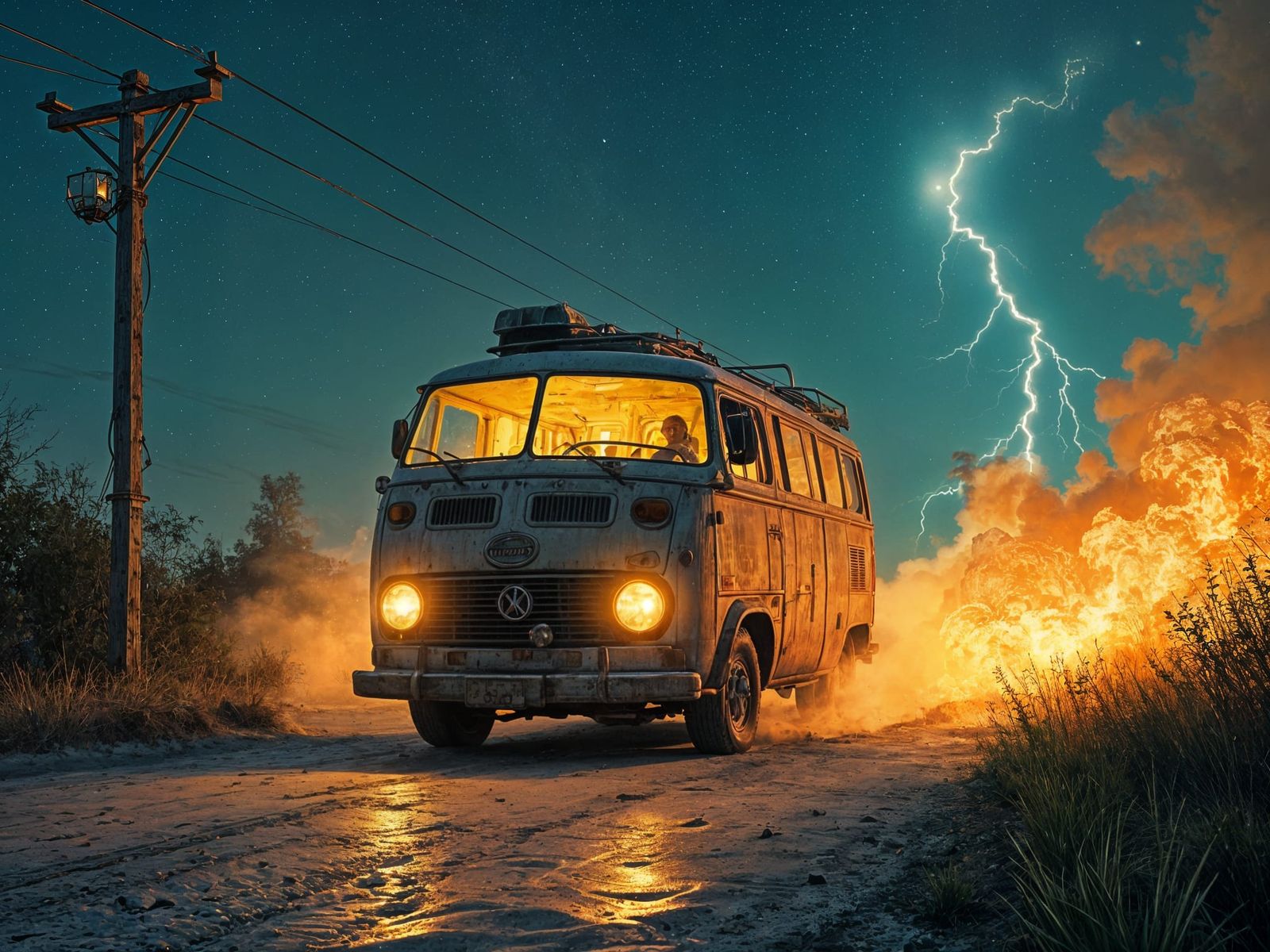 Post-Apocalyptic Van Speeding Under Starry Night Sky