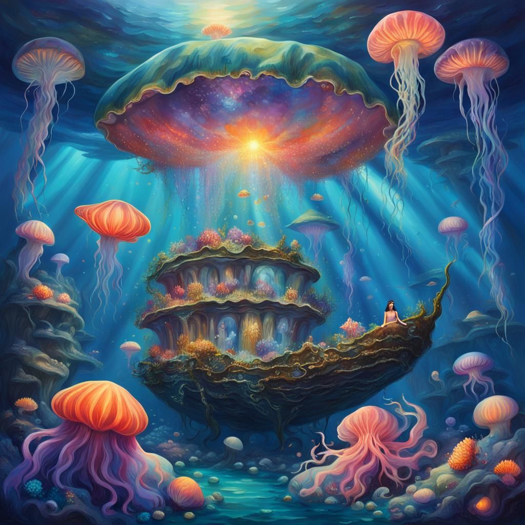 Underwater Mermaid City with Jellyfish, Oil Painting