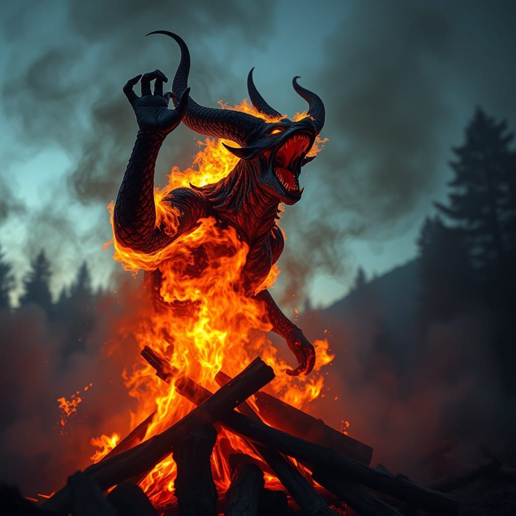 Fire Demon Emerges from Campfire in Lovecraftian Style
