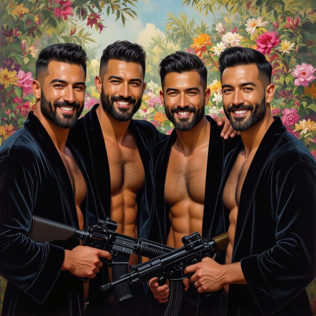 Handsome Dads in Paradise Garden with Machine Guns