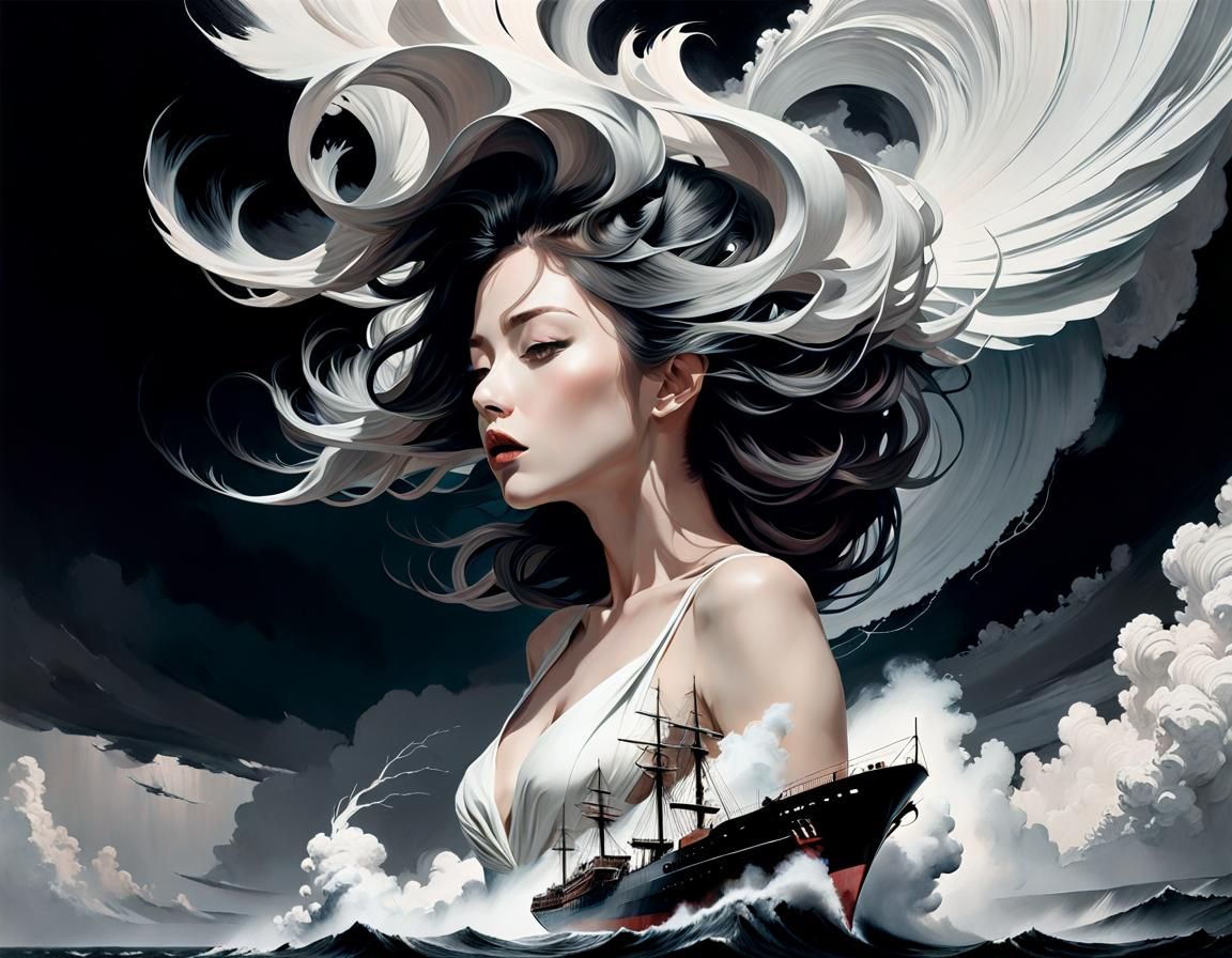 Tornado Goddess Attacks Ship: Surreal Digital Painting