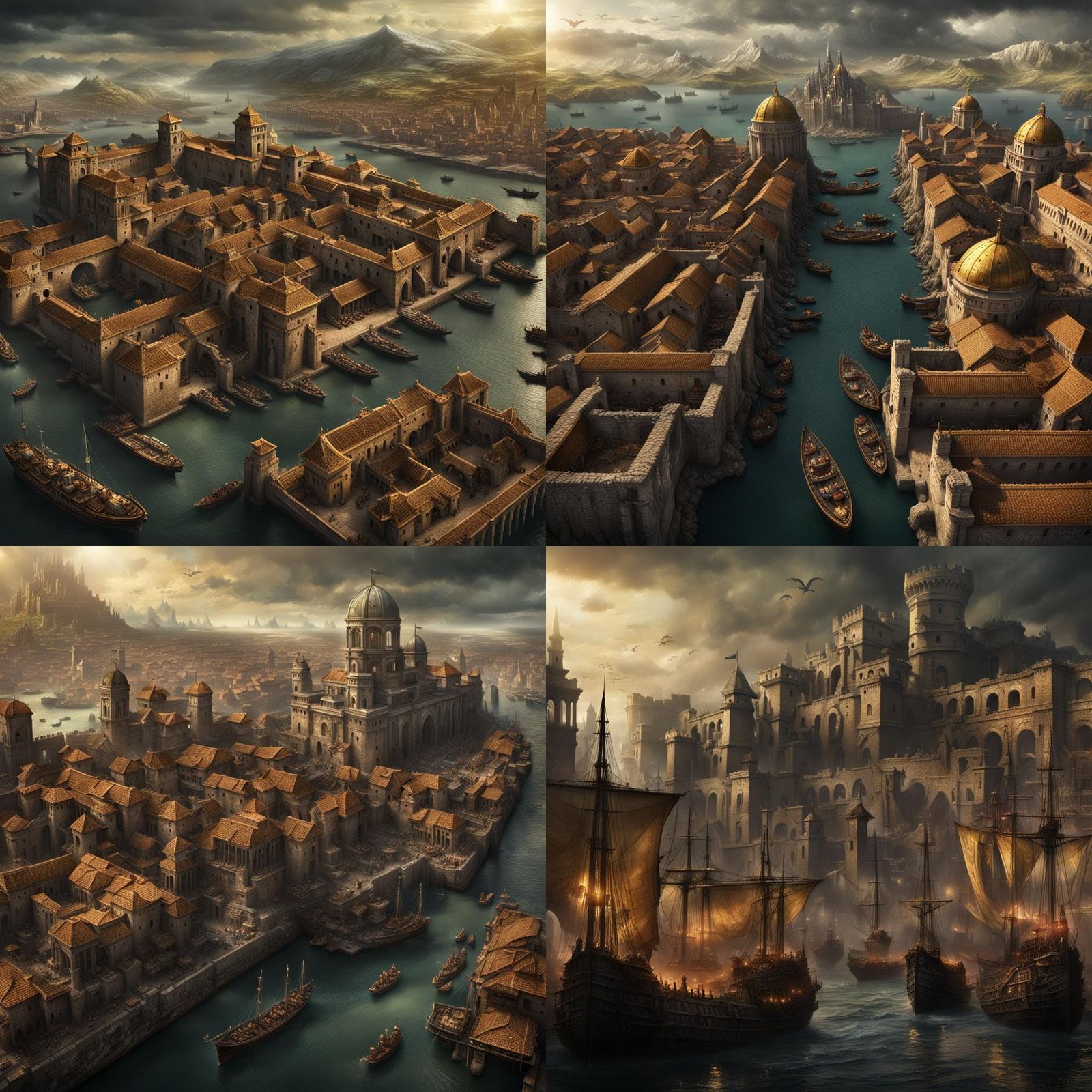 Dark Fantasy Port City with Roman Buildings