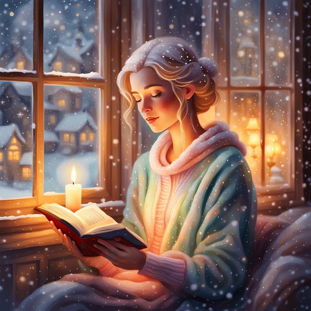 Cozy Watercolor Woman Reading by Candlelight
