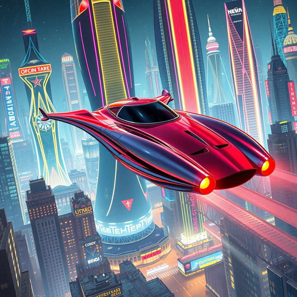 Retro-Futuristic Flying Car Soaring Through Metropolis