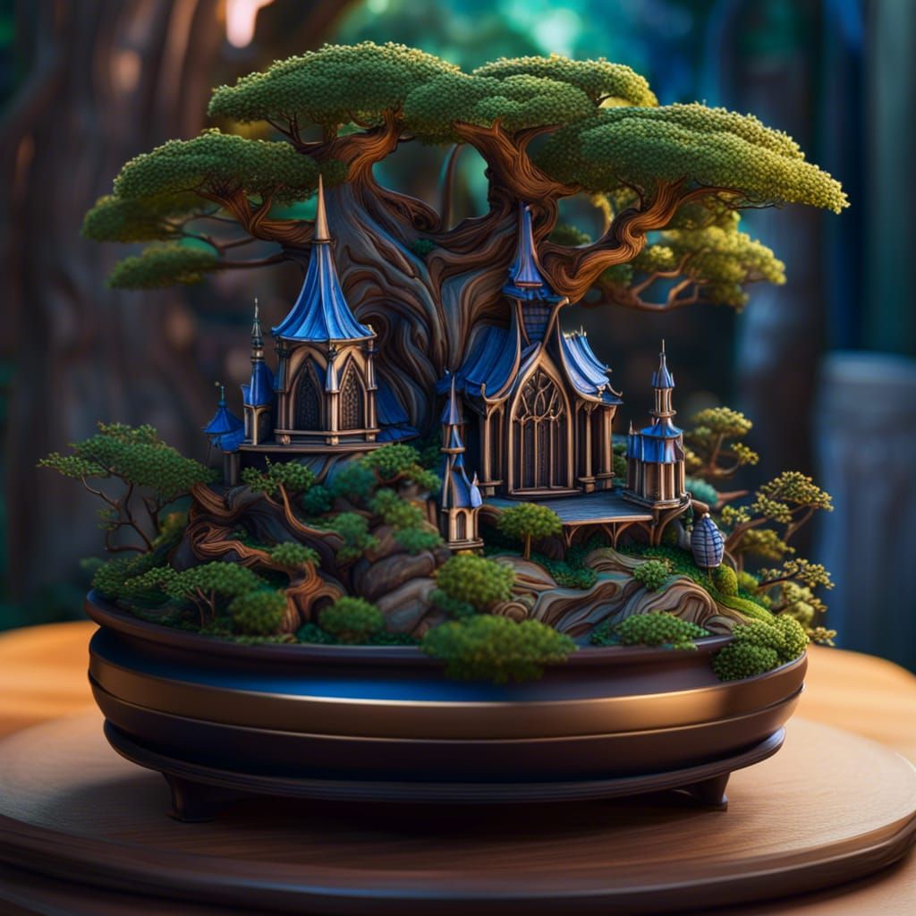 Miniature Gothic Cathedral Shaded by Bonsai Art