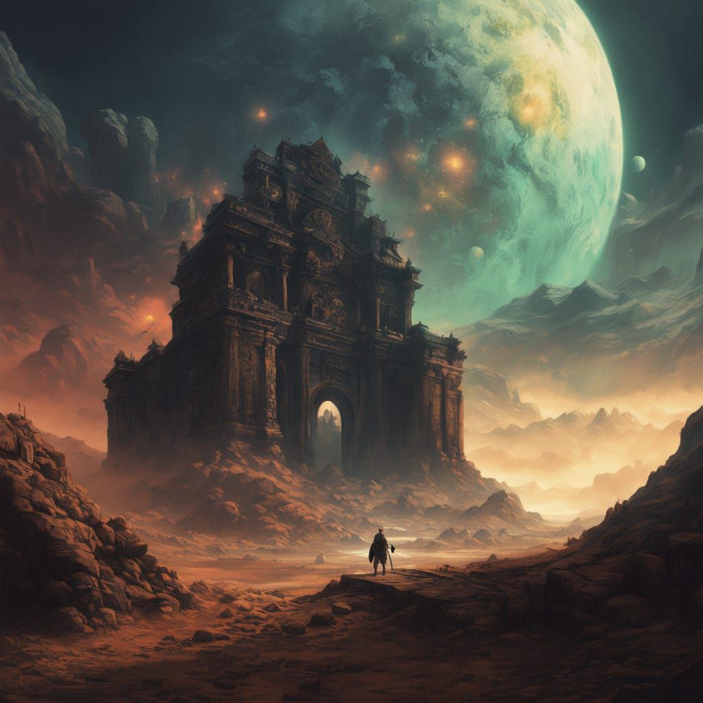 Knight Before Cosmic Nebula Gateway in Dark Fantasy Style